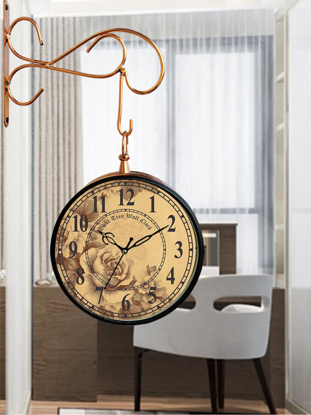 

OLIVE TREE Copper-Toned Printed Analogue Metal Round Double Sided Vintage Wall Clock