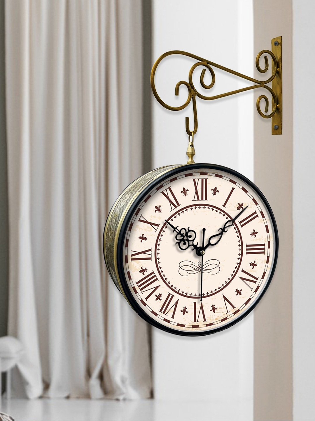 

OLIVE TREE Gold Toned Printed Analogue Metal Round Vintage Station Double Sided Wall Clock