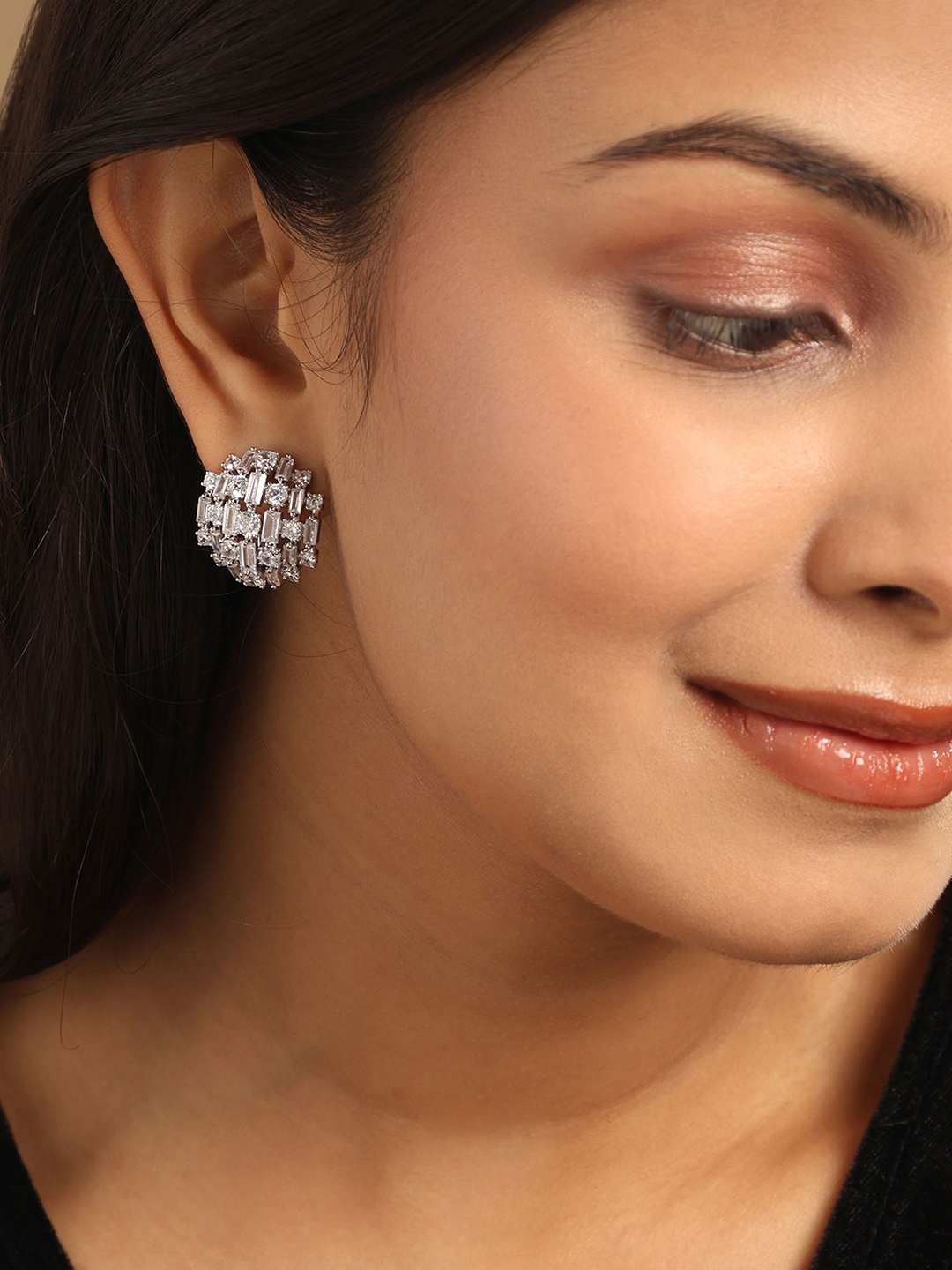 

Yinara Rhodium-Plated CZ Studded Contemporary Studs, Silver