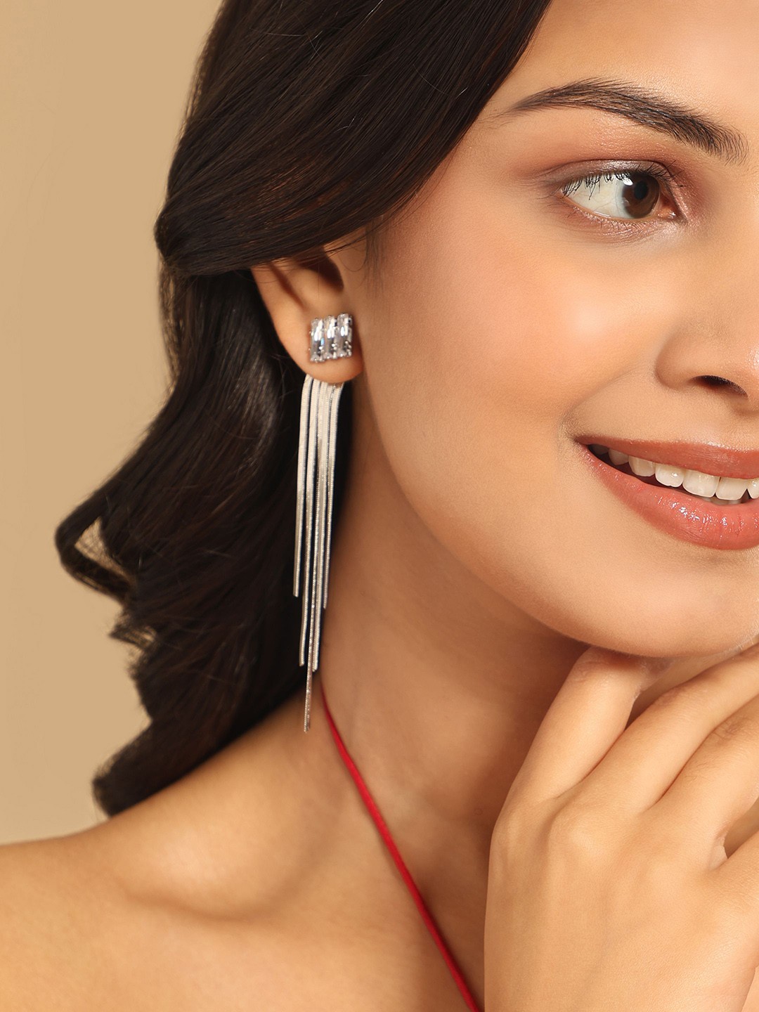 

Yinara Stainless Steel Rhodium-Plated Cubic Zirconia Studded Contemporary Drop Earrings, Silver