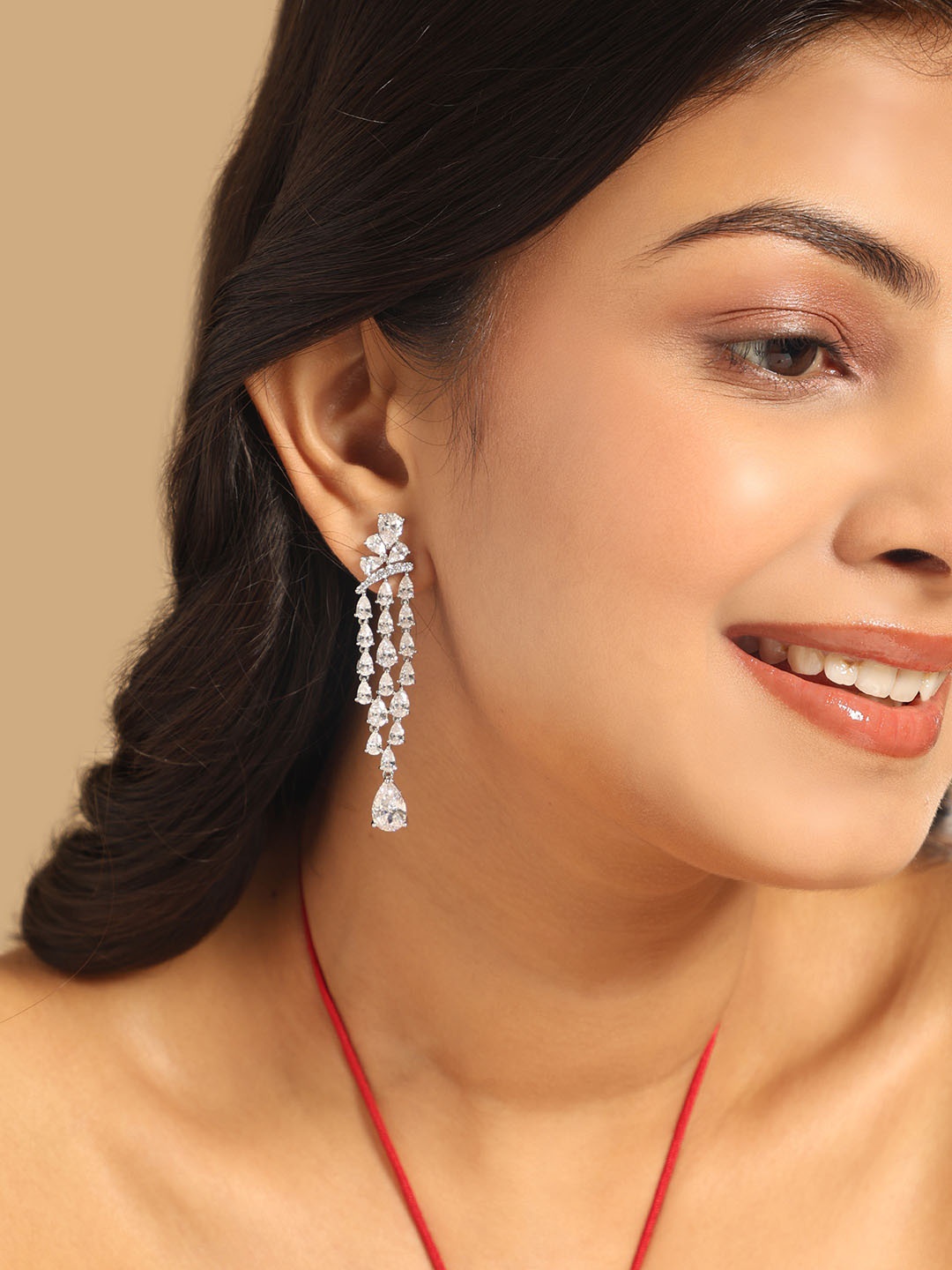 

Yinara Rhodium-Plated Cubic Zirconia Studded Contemporary Drop Earrings, Silver