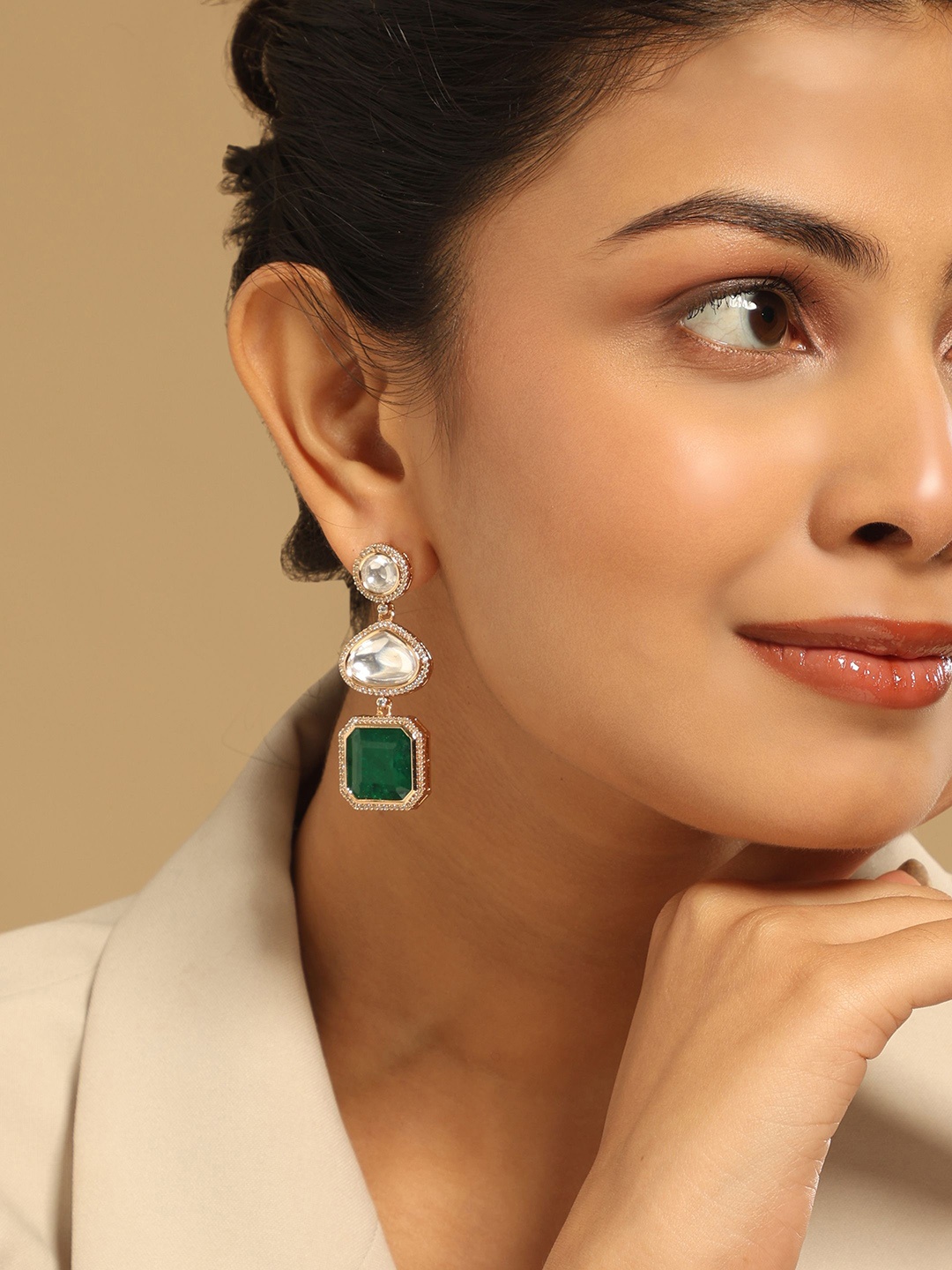 

Yinara Gold-Plated Faux Emerald Stone Studded Contemporary Drop Earrings