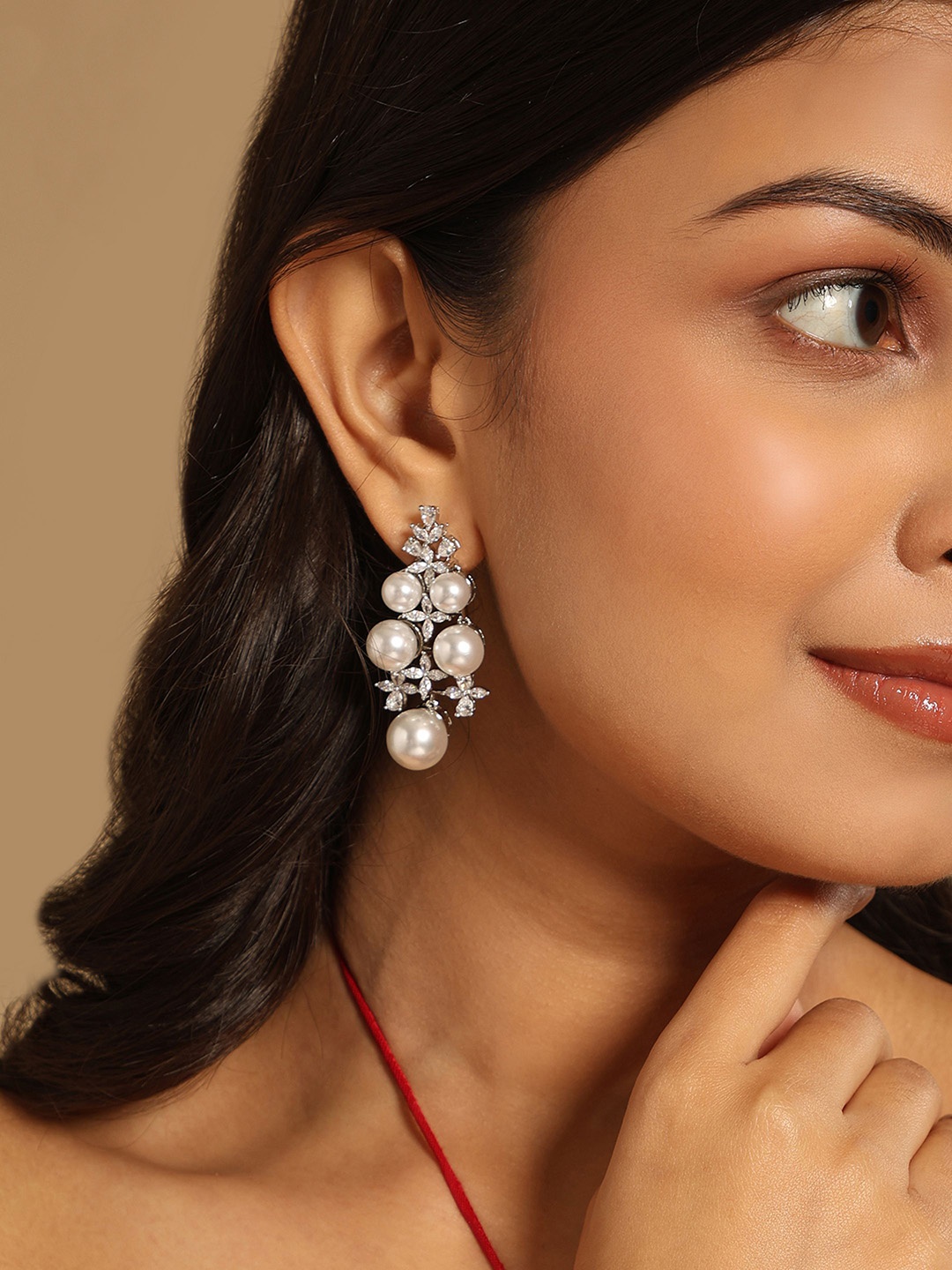 

Yinara Stainless Steel Rhodium-Plated CZ Studded & Pearls Beads Contemporary Drop Earrings, Silver