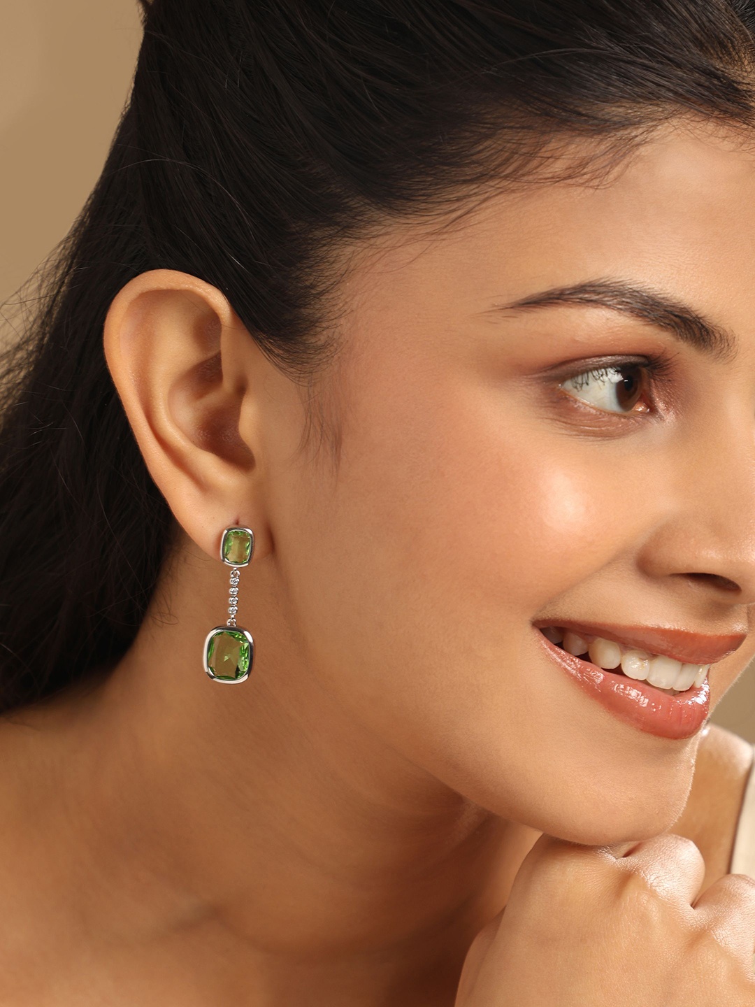 

Yinara Rhodium-Plated Faux Emerald Stones Studded Drop Earrings, Green
