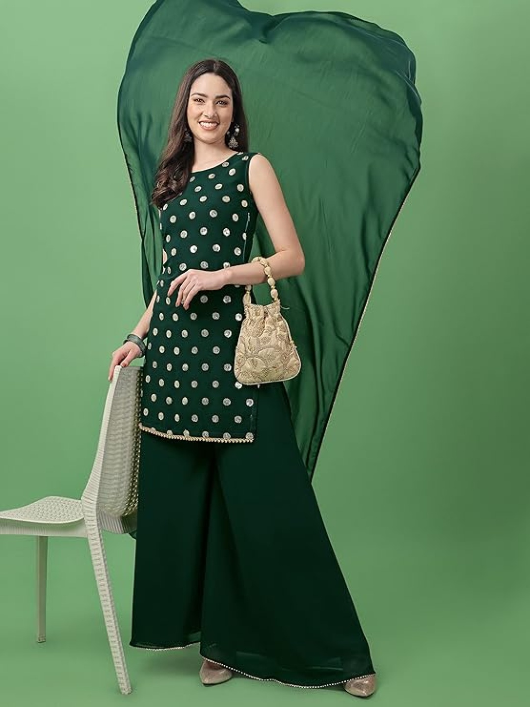 

PARROT CREATION Geometric Embroidered Georgette Straight Kurti With Palazzo & Dupatta, Green