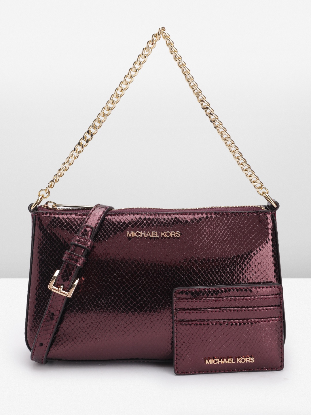 

Michael Kors Snakeskin-Textured Structured Handheld Bag with Card Holder, Maroon