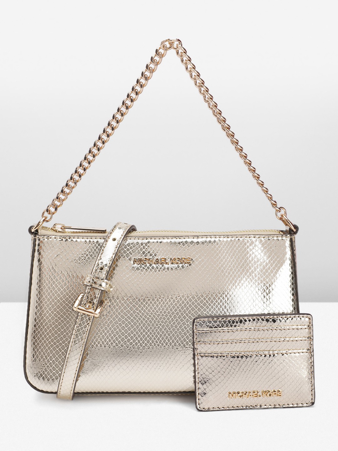 

Michael Kors Snakeskin-Textured Structured Handheld Bag with Card Holder, Gold