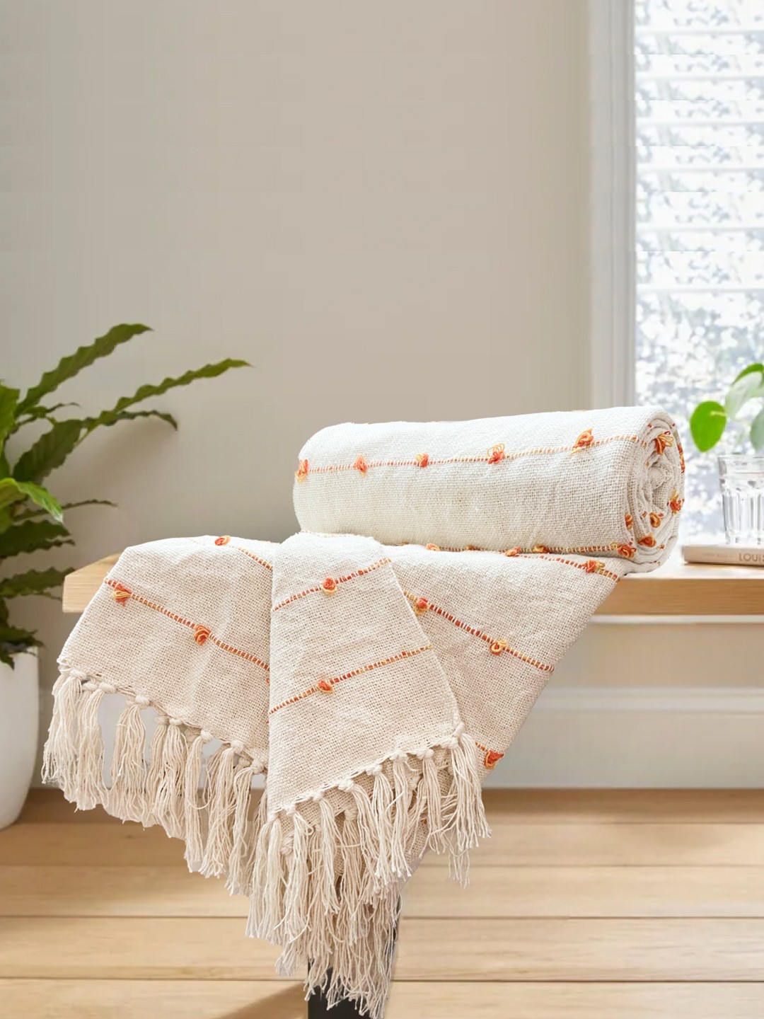 

SAJAVAT Beige & Orange-Colored Pure Cotton Reversible Sofa Throw