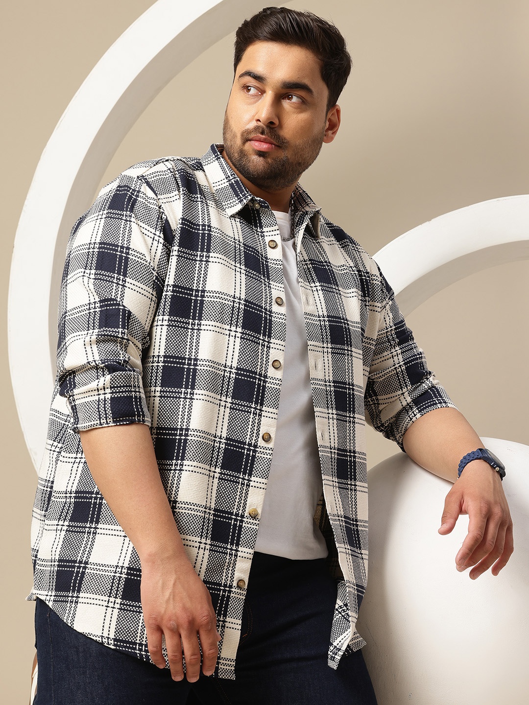 

Sztori Plus Size Premium Checked Pure Cotton Casual Shirt, Navy blue