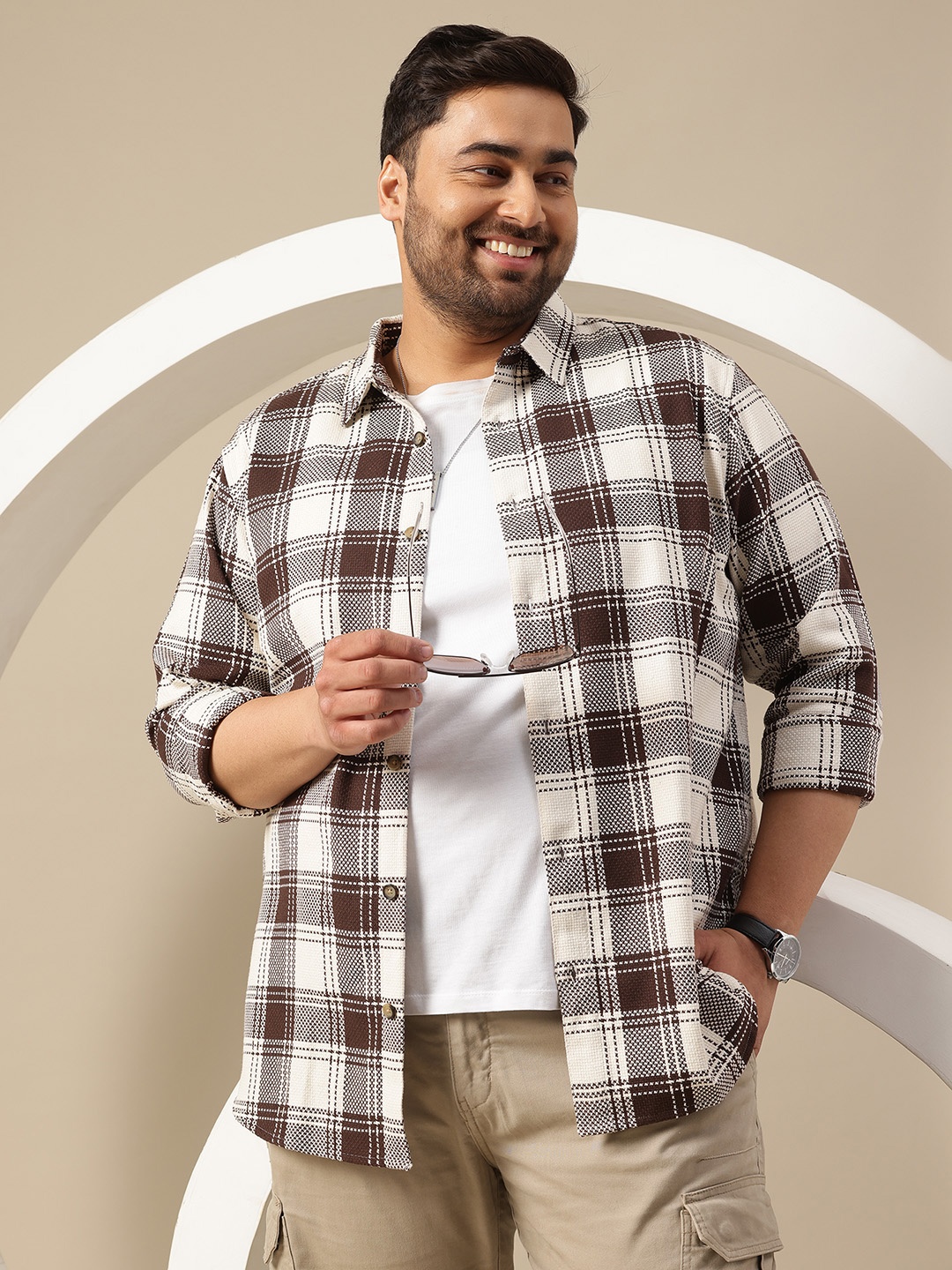 

Sztori Plus Size Premium Checked Pure Cotton Casual Shirt, Brown