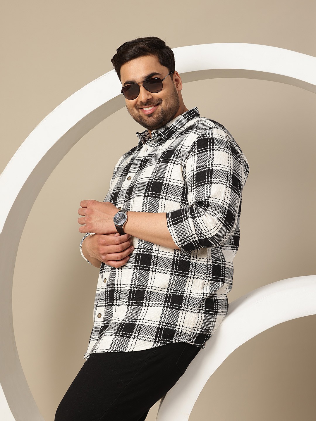 

Sztori Plus Size Premium Checked Pure Cotton Casual Shirt, Black