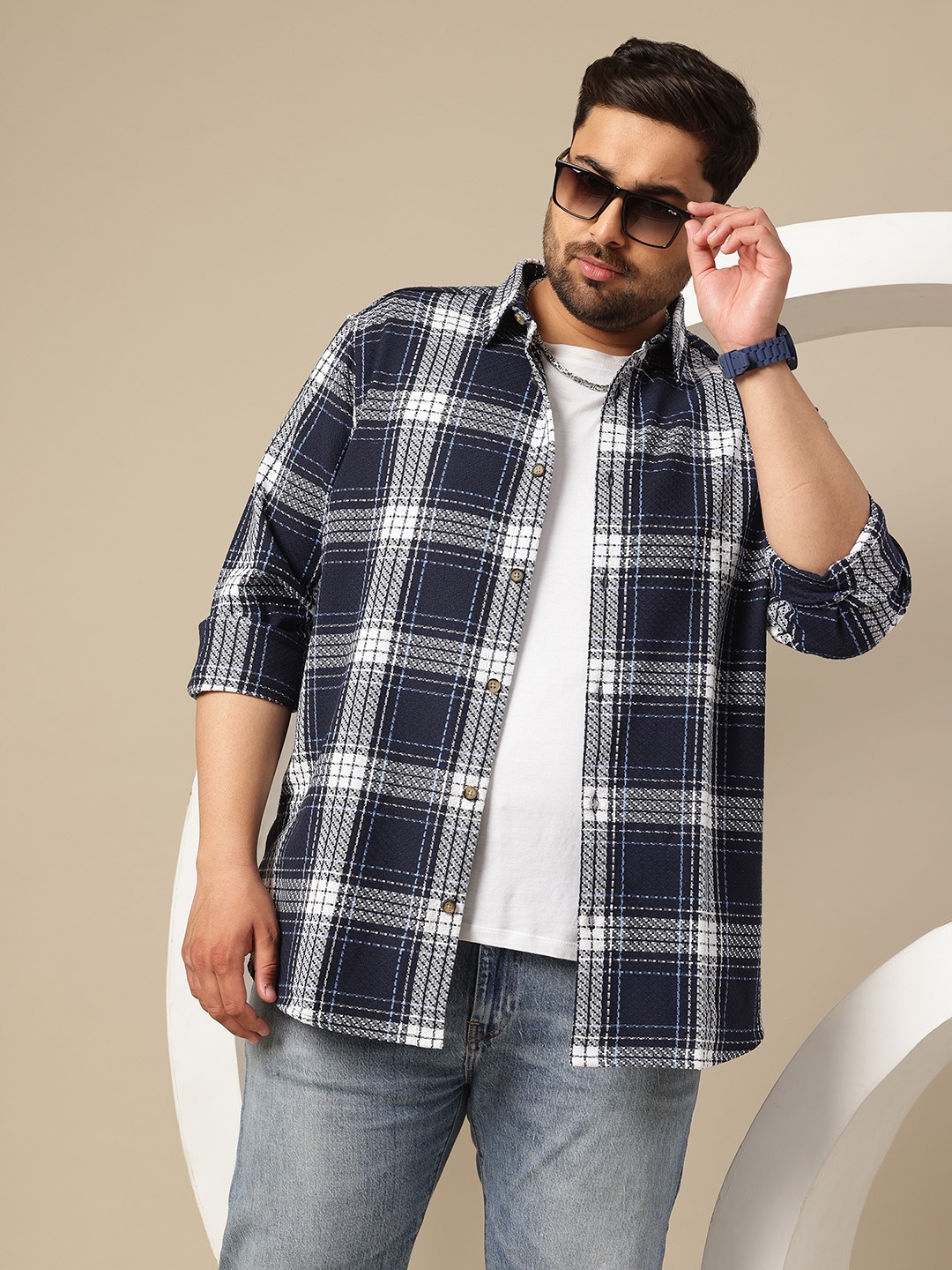 

Sztori Plus Size Premium Tartan Checked Pure Cotton Casual Shirt, Navy blue