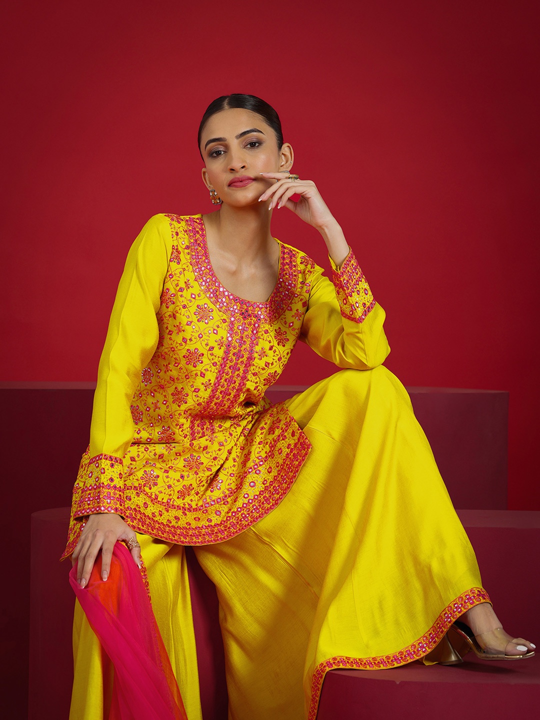

Libas Art Floral Embroidered Mirror Work Straight Kurta With Palazzos & Dupatta, Mustard