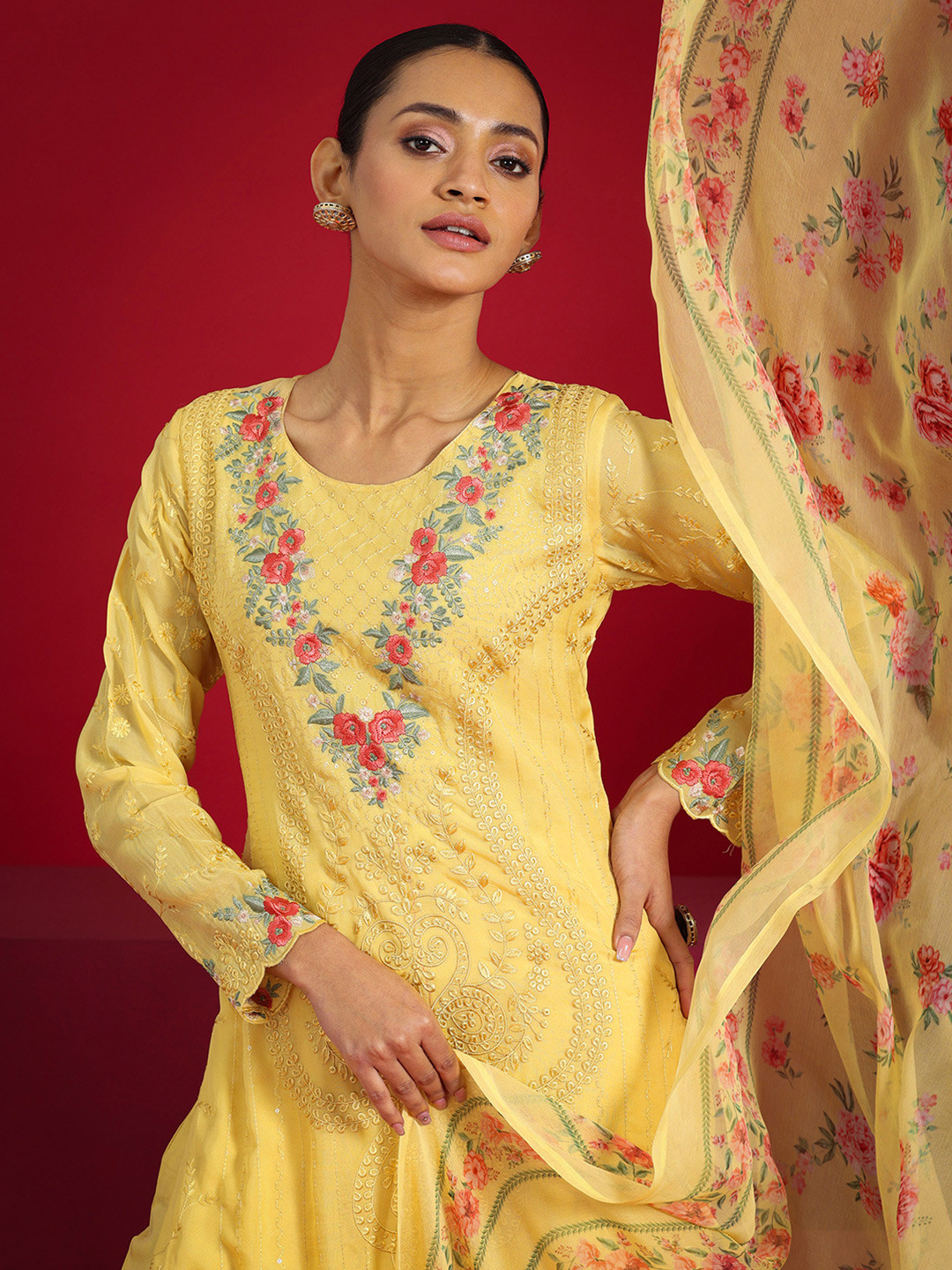 

Libas Art Floral Embroidered Sequinned Organza Straight Kurta with Trousers & With Dupatta, Yellow