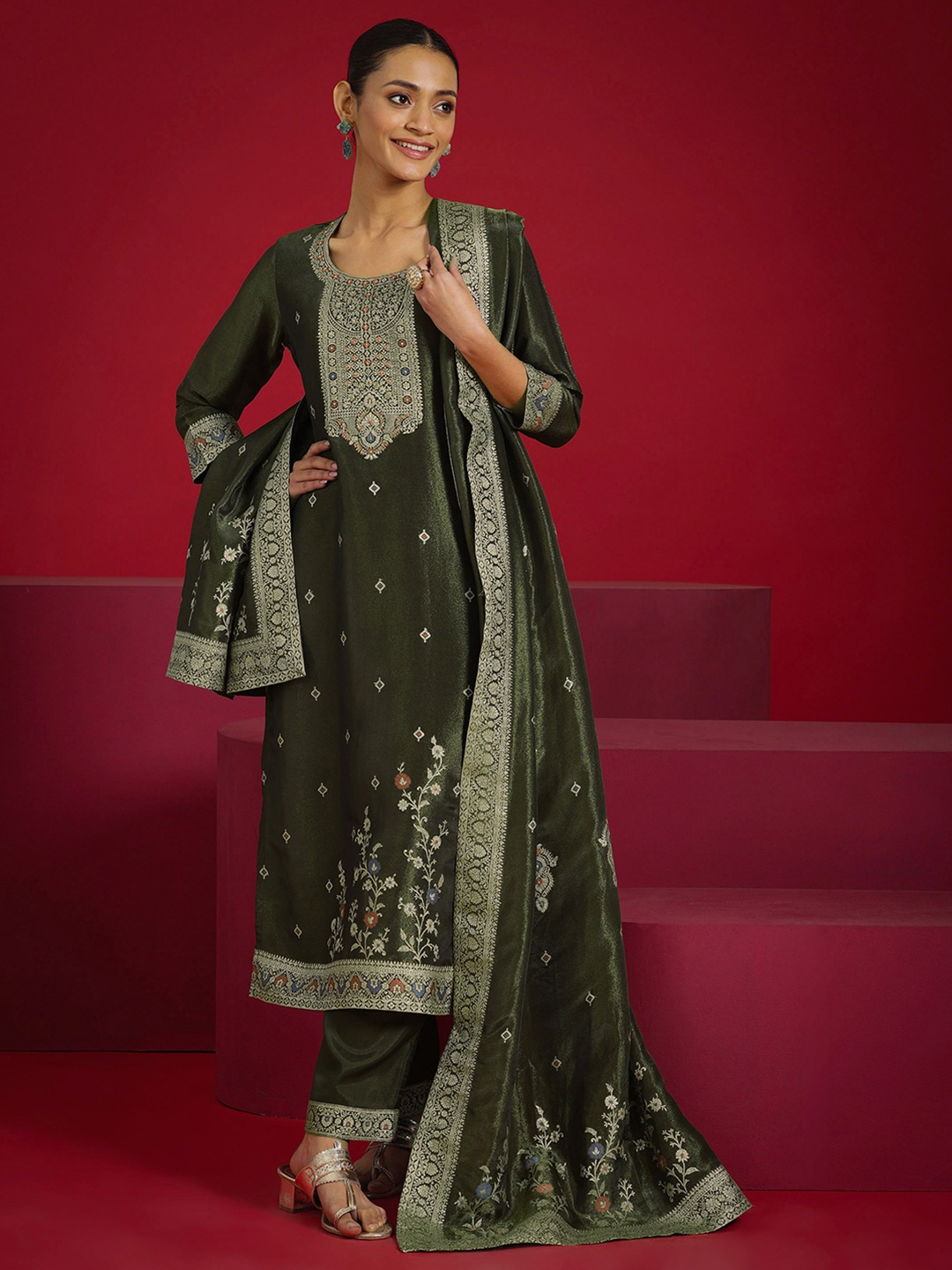 

Libas Art Ethnic Motifs Woven Design Beads And Stones Kurta With Trousers & Dupatta, Olive