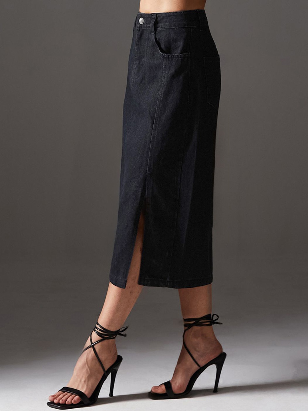 

Miss Chase Denim Straight-Fit High-Rise Stretchable Midi Skirt, Black