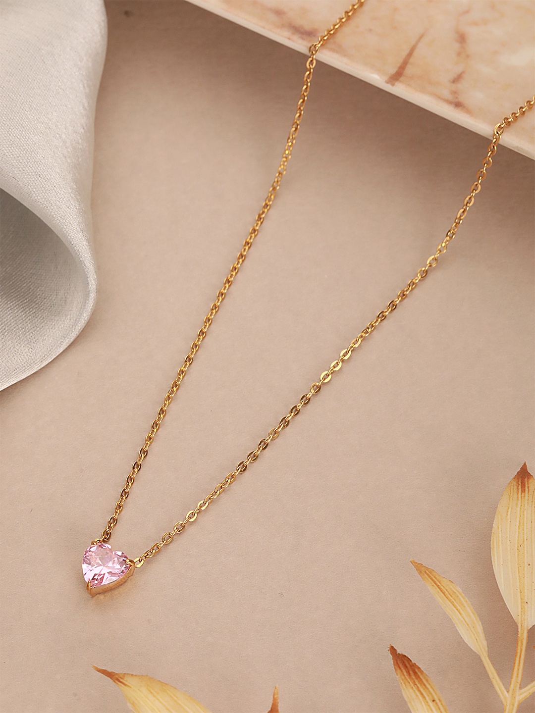 

Zaisha 18K Gold Plated Pink Heart Stone Dainty Necklace