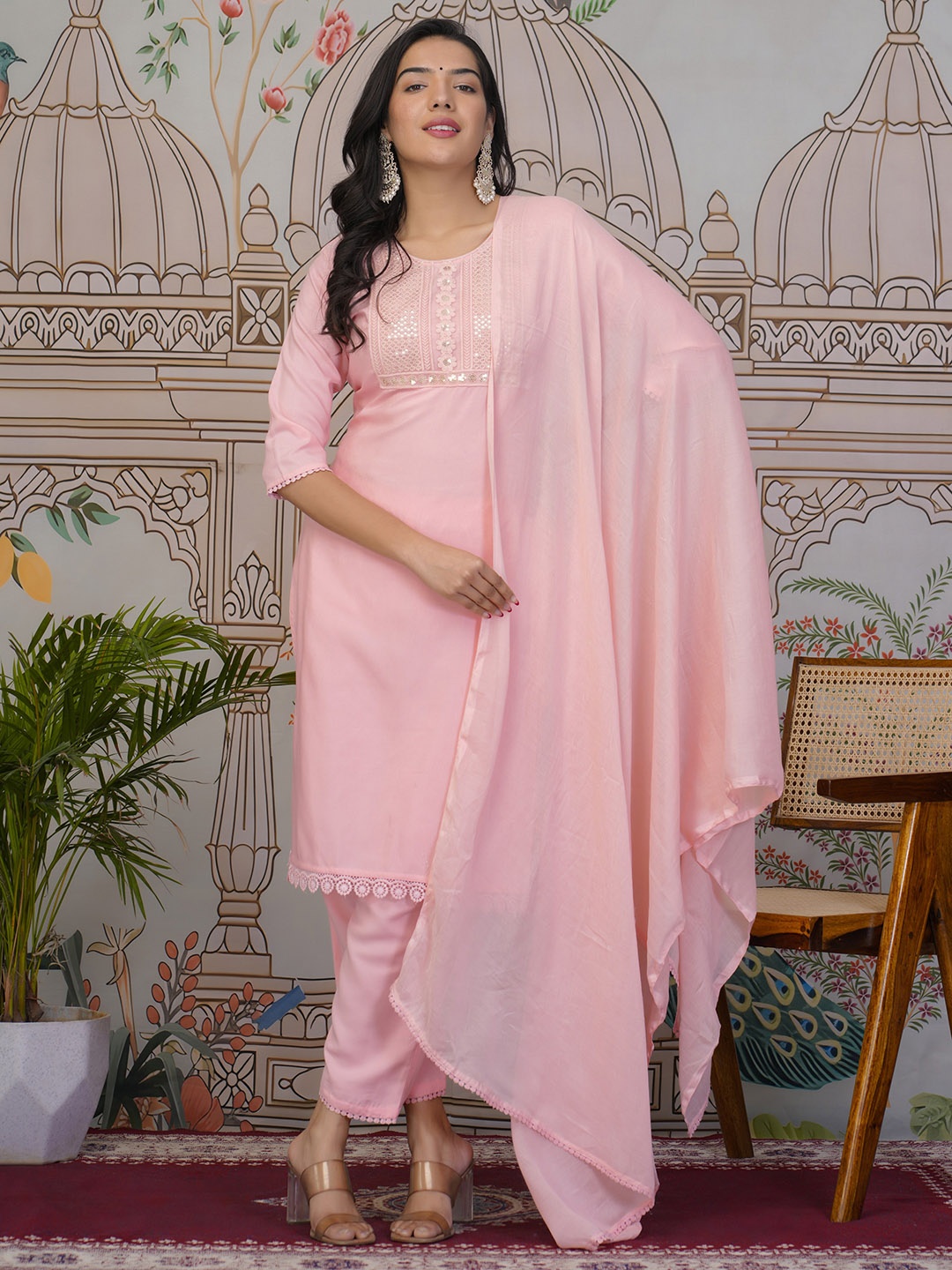 

KETAKI FASHION Floral Embroidered Sequnnied Straight Kurta With Trousers And Dupatta, Peach