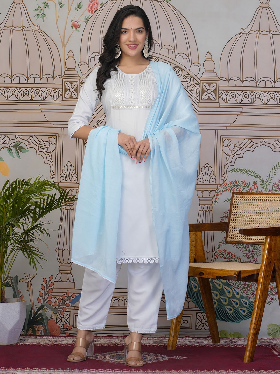 

KETAKI FASHION Embroidered Notch Neck Thread Work Straight Kurta With Trouser & Dupatta, Blue