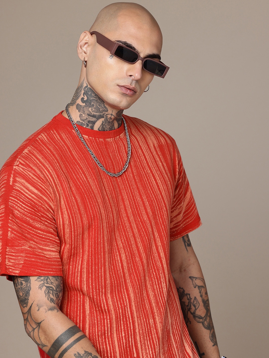 

R.Code by The Roadster Life Co. Striped Tie and Dye Printed Relaxed Fit T-shirt, Red