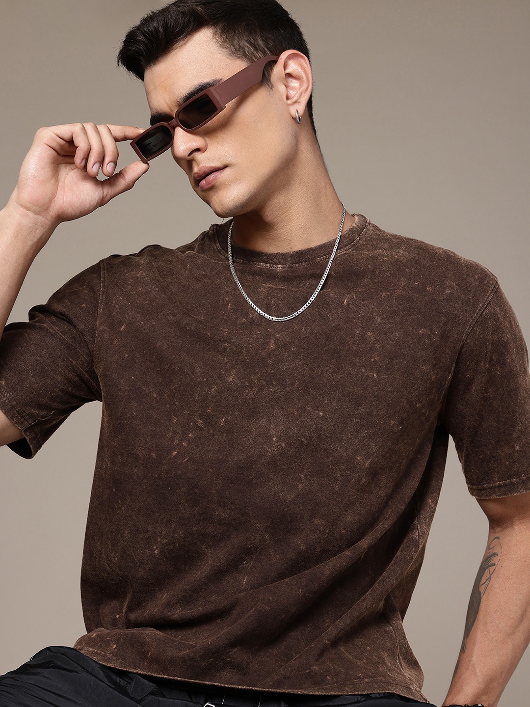 

R.Code by The Roadster Life Co. Tie and Dye Printed Relaxed Fit T-shirt, Coffee brown
