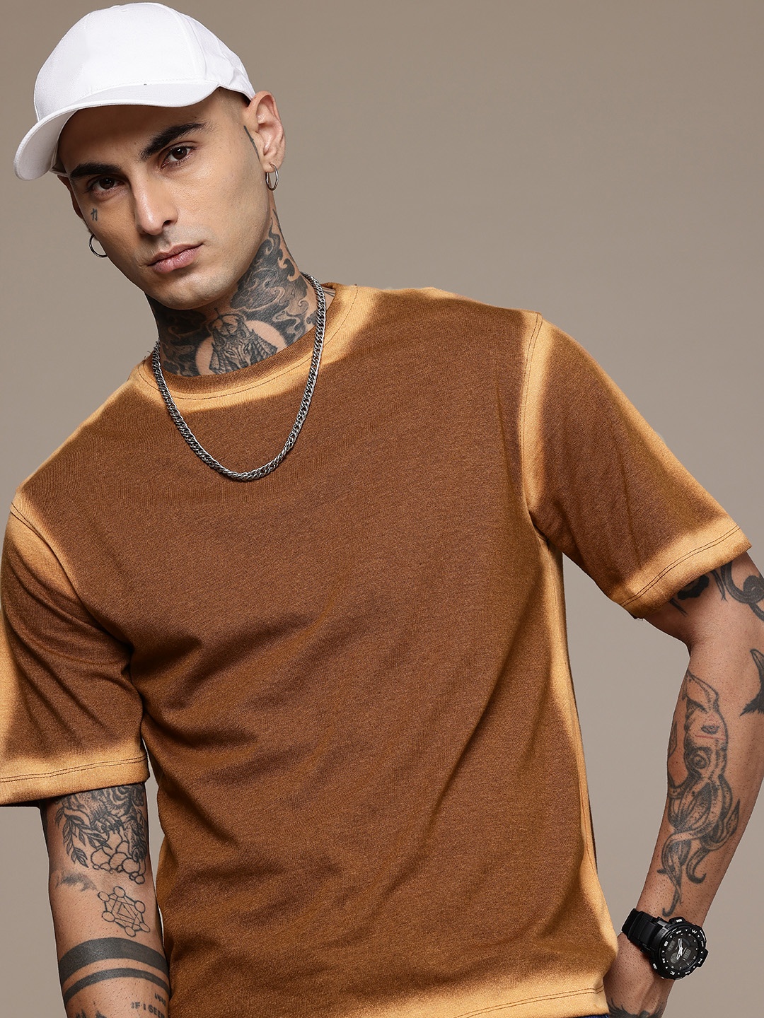 

R.Code by The Roadster Life Co. Tie and Dye Printed Relaxed Fit T-shirt, Brown
