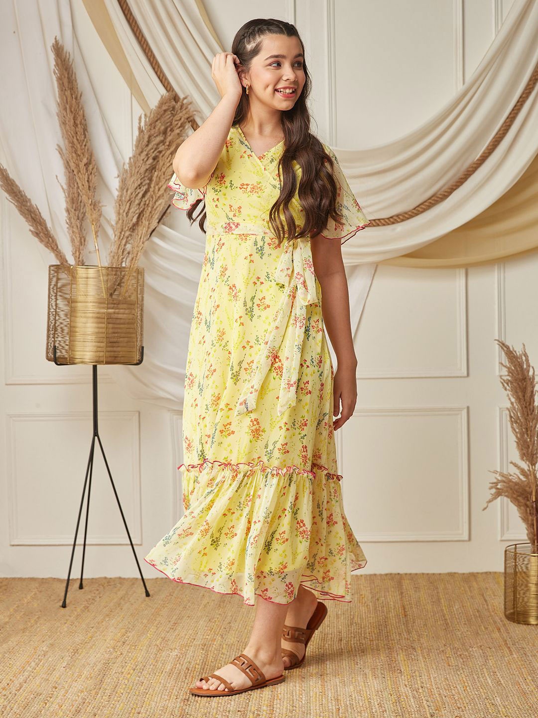 

BAESD Girls Floral Printed Chiffon Wrap Midi Dress, Yellow