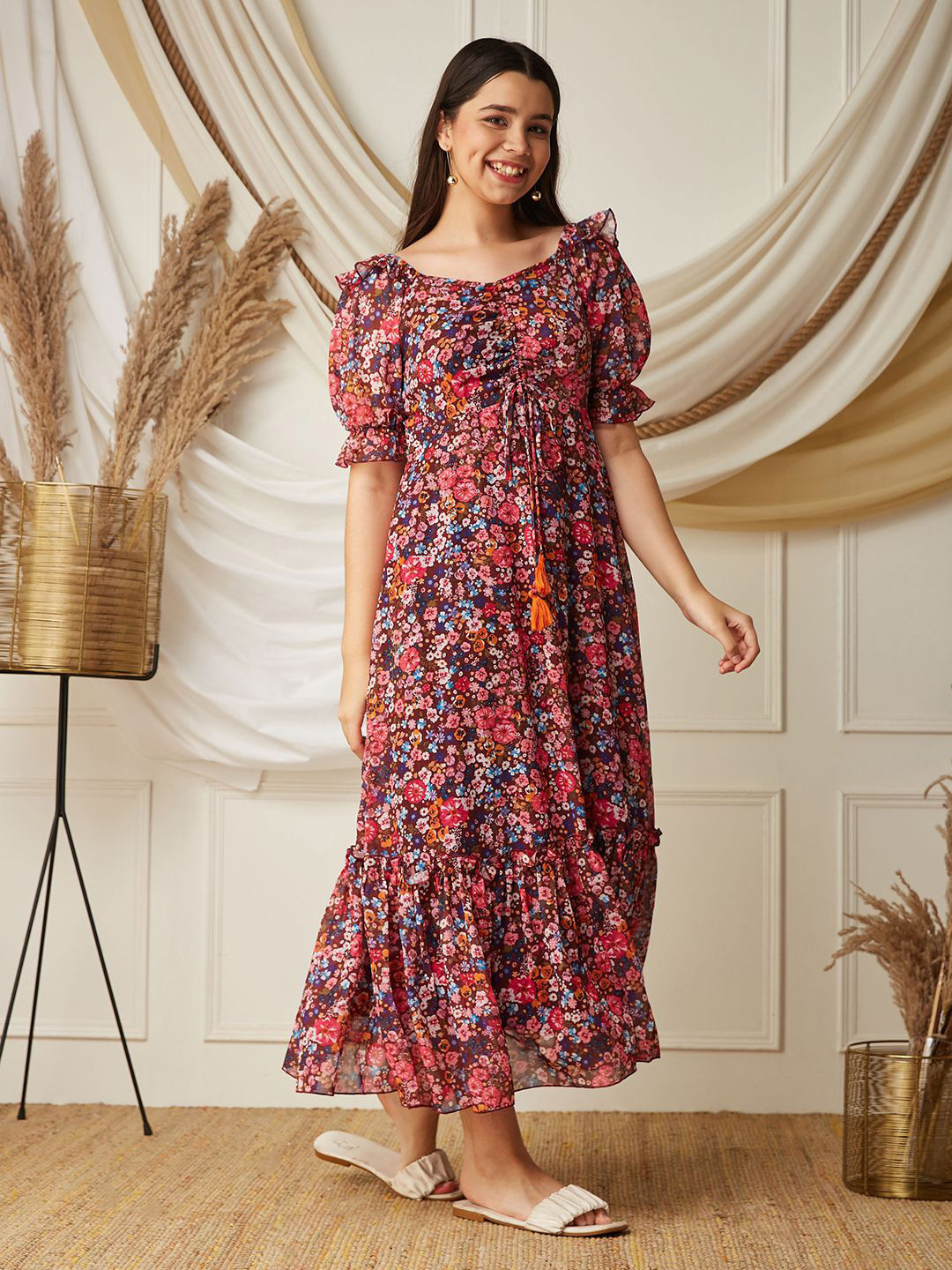 

BAESD Floral Print Puff Sleeve Georgette Maxi Dress, Burgundy