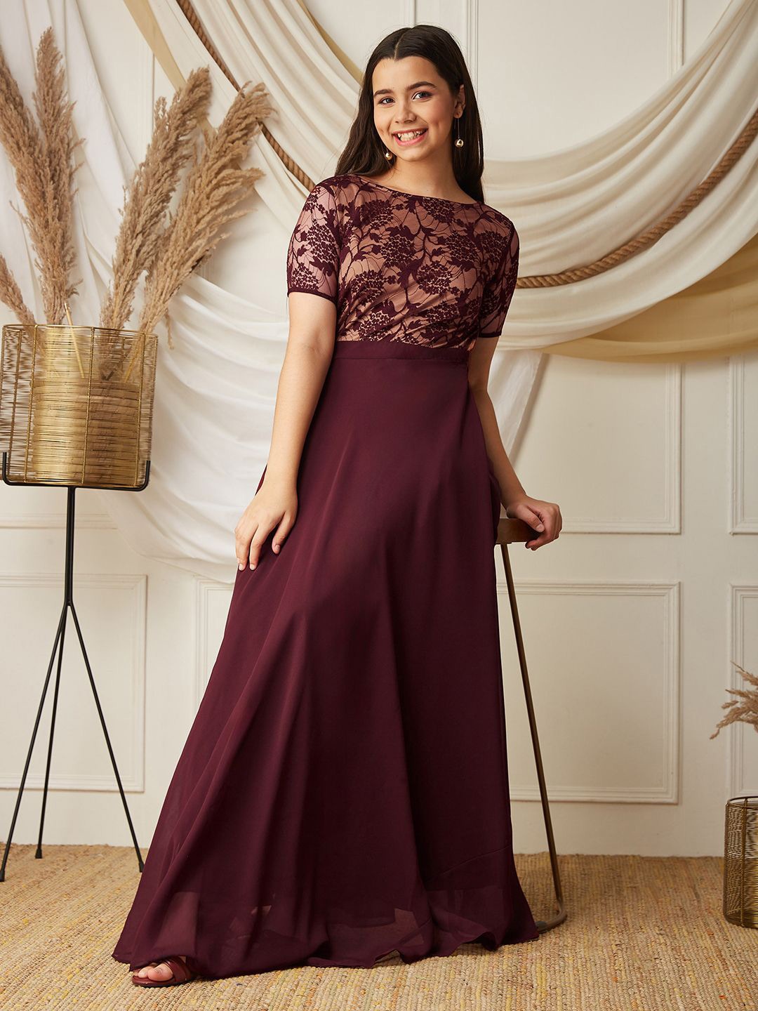 

BAESD Girls Floral Self Design Georgette Maxi Dress, Maroon