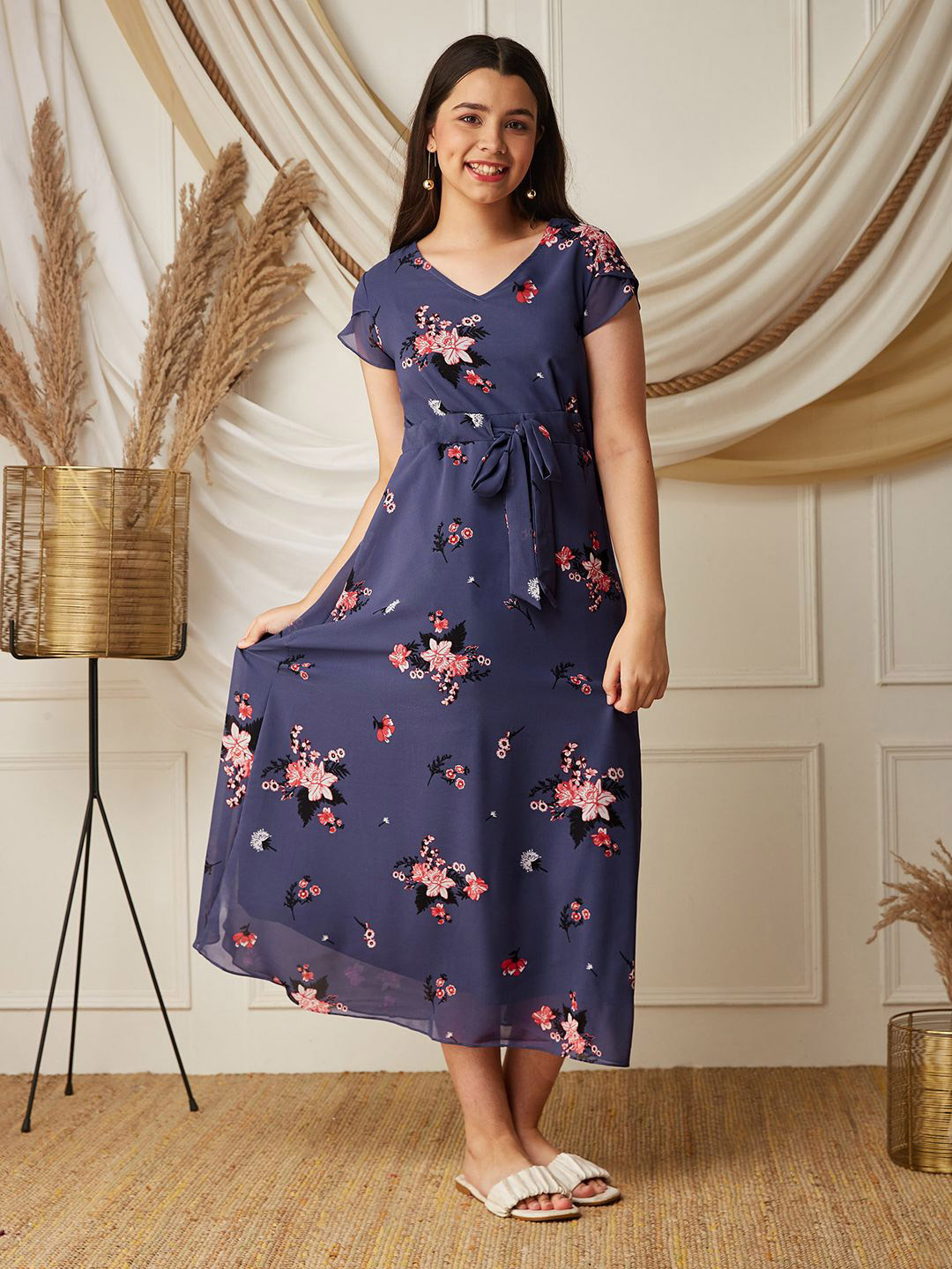 

BAESD Girls Floral Printed V-Neck A-Line Midi Dress, Purple