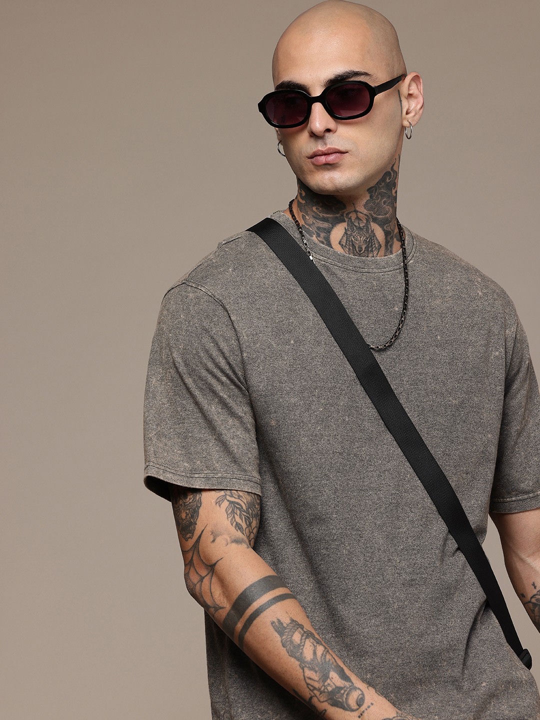 

R.Code by The Roadster Life Co. Men Washed Effect Relaxed Fit T-shirt, Grey