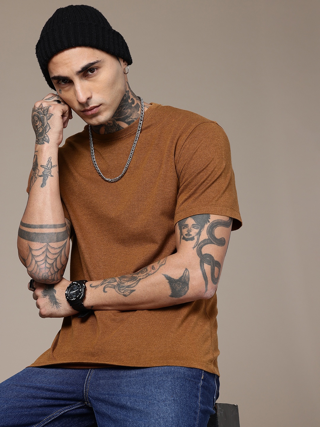 

R.Code by The Roadster Life Co. Washed Effect Relaxed Fit T-shirt, Brown