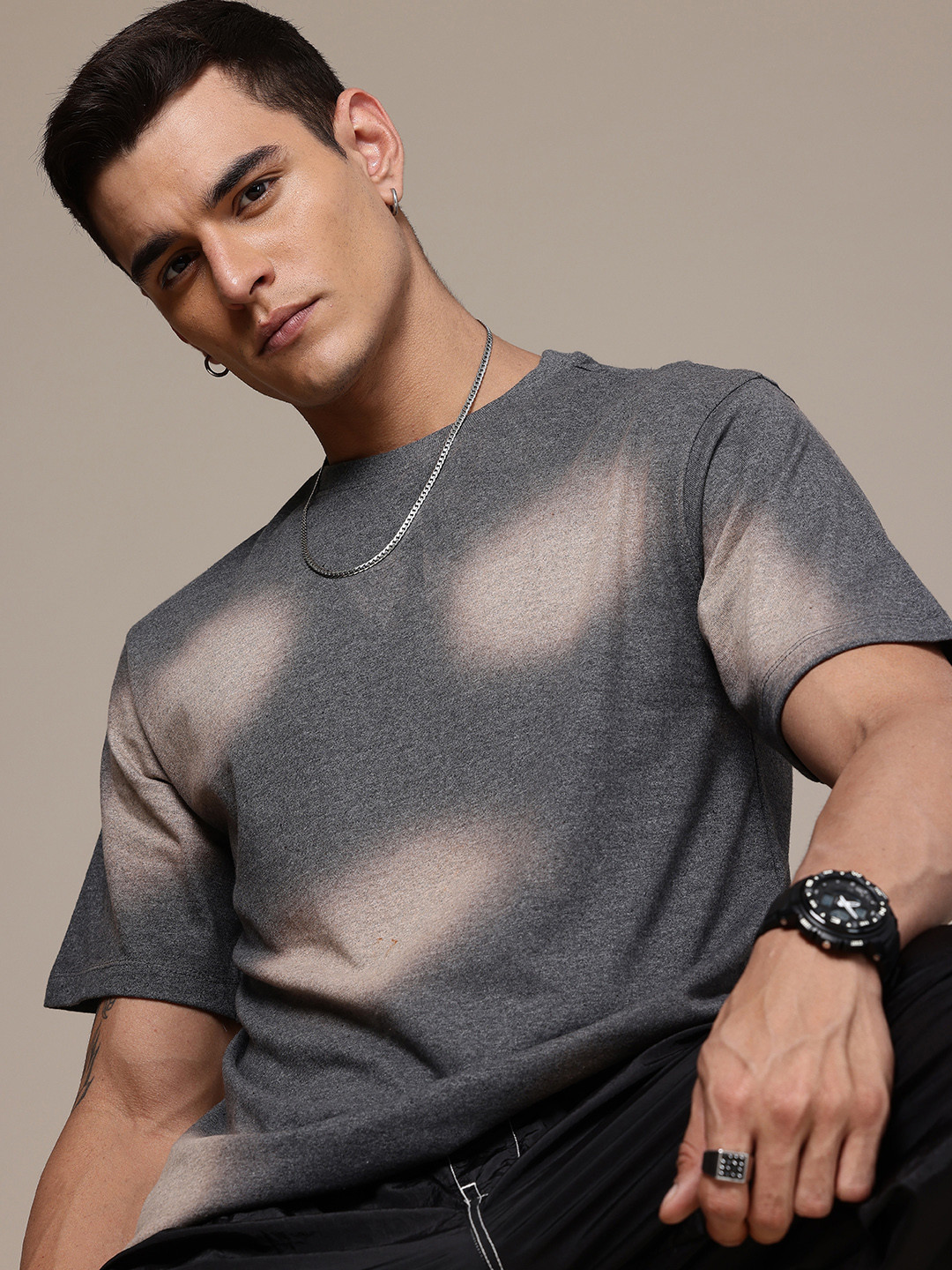 

R.Code by The Roadster Life Co. Tie and Dye Printed Relaxed Fit T-shirt, Grey