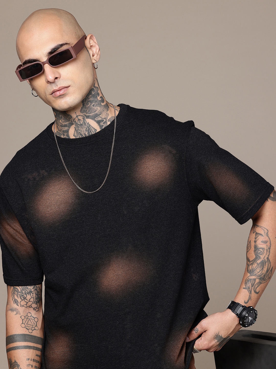 

R.Code by The Roadster Life Co. Men Abstract Printed Relaxed Fit T-shirt, Charcoal