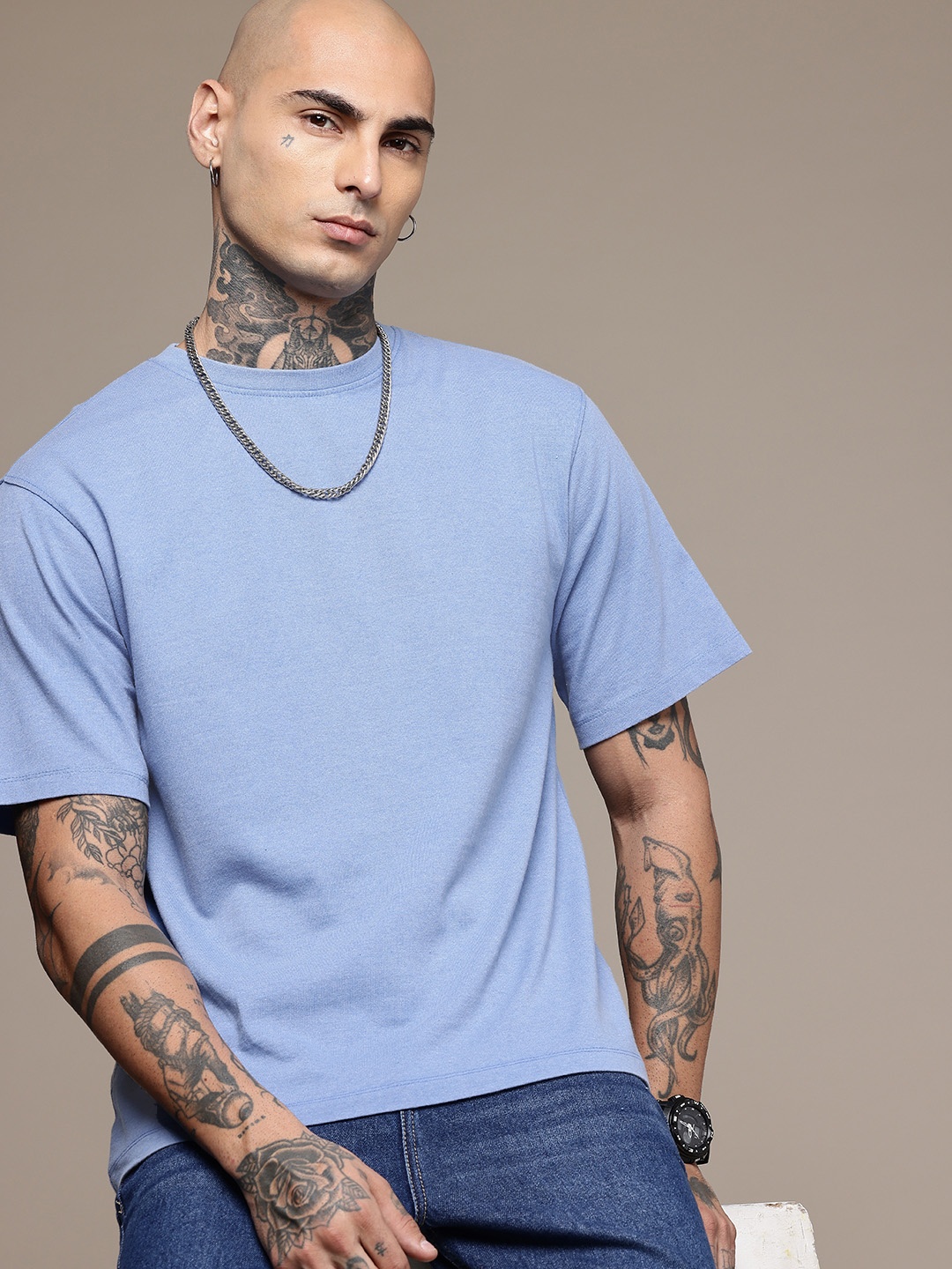 

R.Code by The Roadster Life Co. Men Washed Effect Relaxed Fit T-shirt, Blue