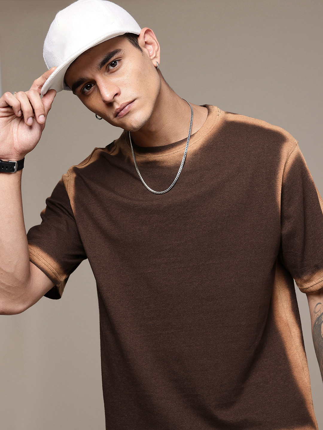 

R.Code by The Roadster Life Co. Tie and Dye Printed Relaxed Fit T-shirt, Coffee brown