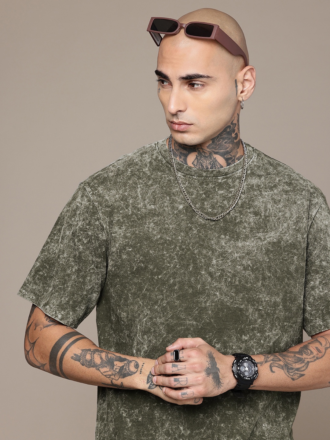 

R.Code by The Roadster Life Co. Tie and Dye Printed Relaxed Fit T-shirt, Olive