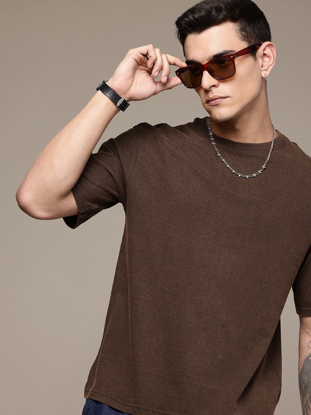 

R.Code by The Roadster Life Co. Washed Effect Relaxed Fit T-shirt, Coffee brown