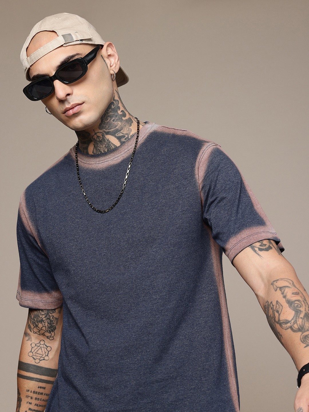 

R.Code by The Roadster Life Co. Tie and Dye Printed Relaxed Fit T-shirt, Navy blue