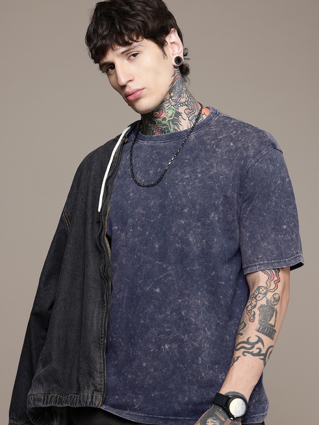 

R.Code by The Roadster Life Co. Washed Effect Tie & Dye Printed Relaxed Fit T-shirt, Navy blue