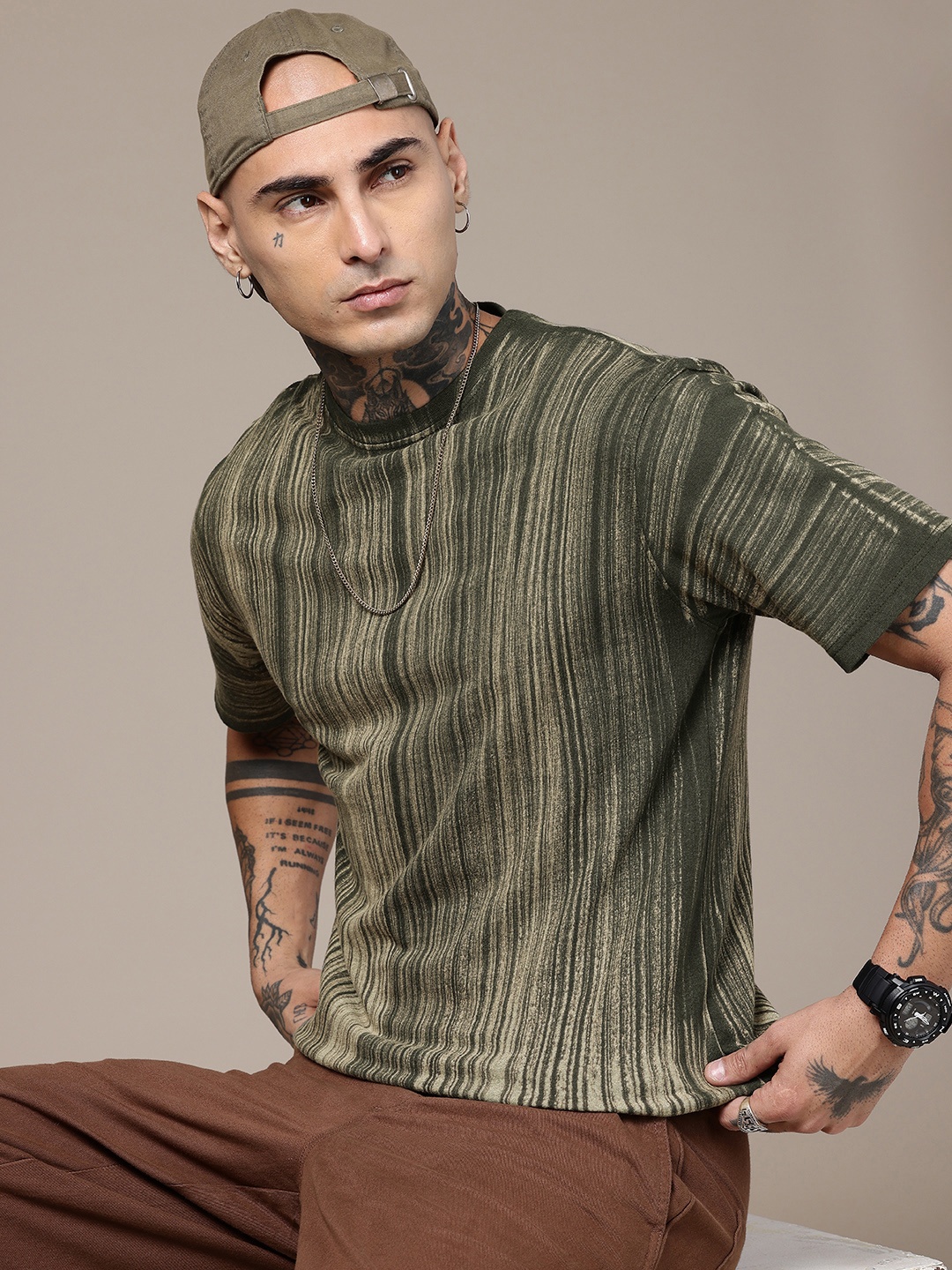 

R.Code by The Roadster Life Co. Men Striped Relaxed Fit T-shirt, Olive