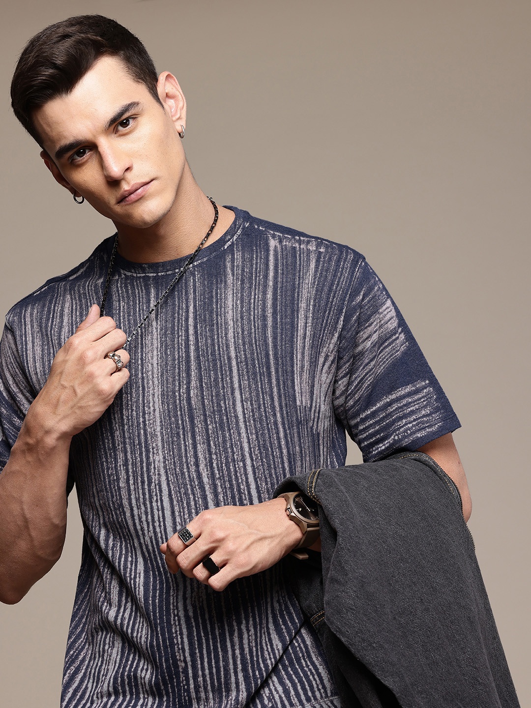 

R.Code by The Roadster Life Co. Men Striped Relaxed Fit T-shirt, Navy blue