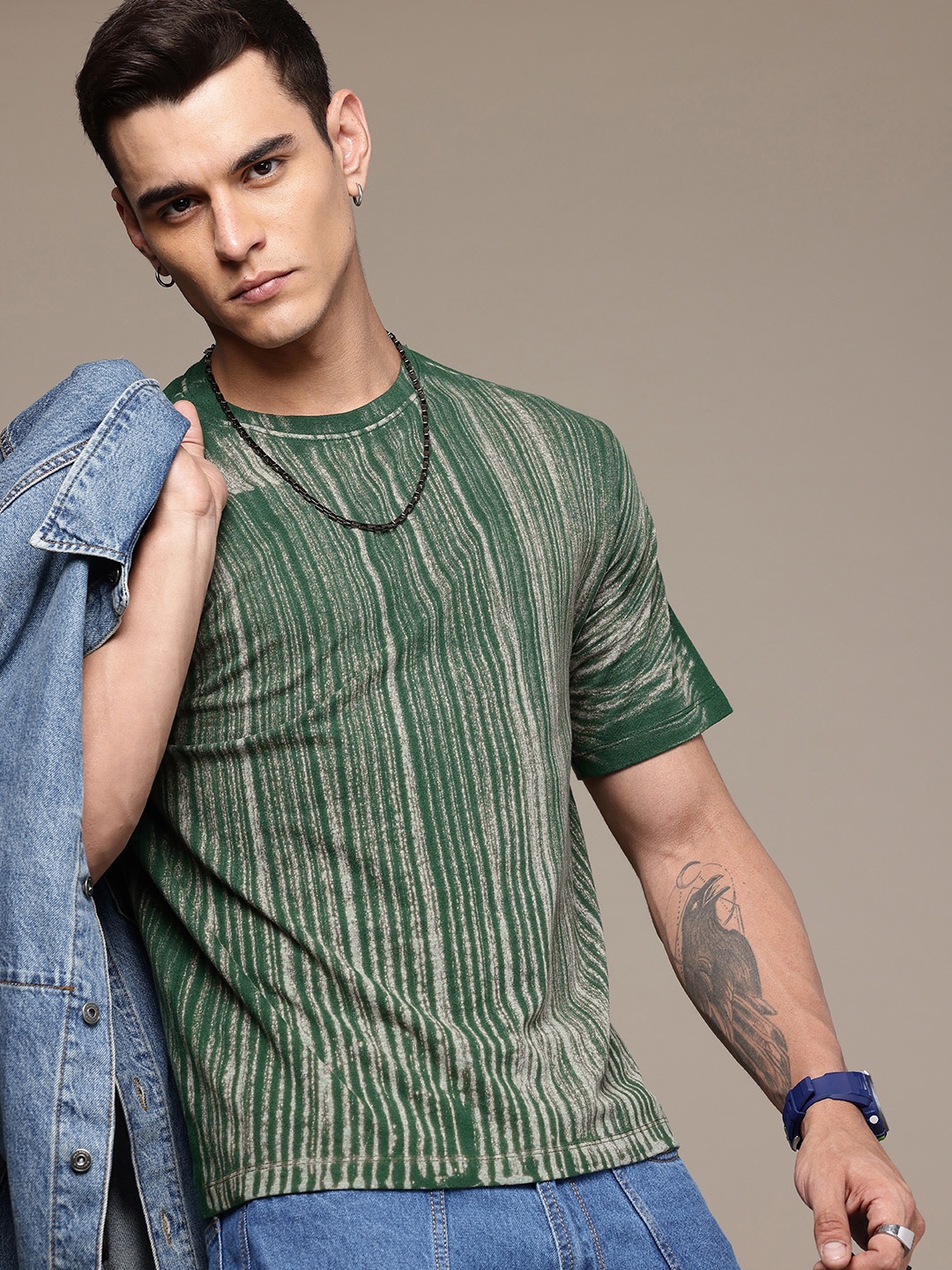 

R.Code by The Roadster Life Co. Men Striped Relaxed Fit T-shirt, Green