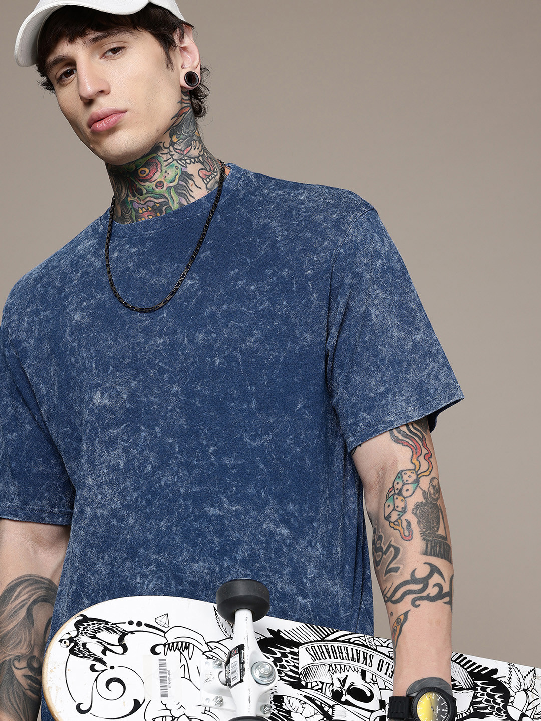 

R.Code by The Roadster Life Co. Washed Effect Tie & Dye Printed Relaxed Fit T-shirt, Navy blue