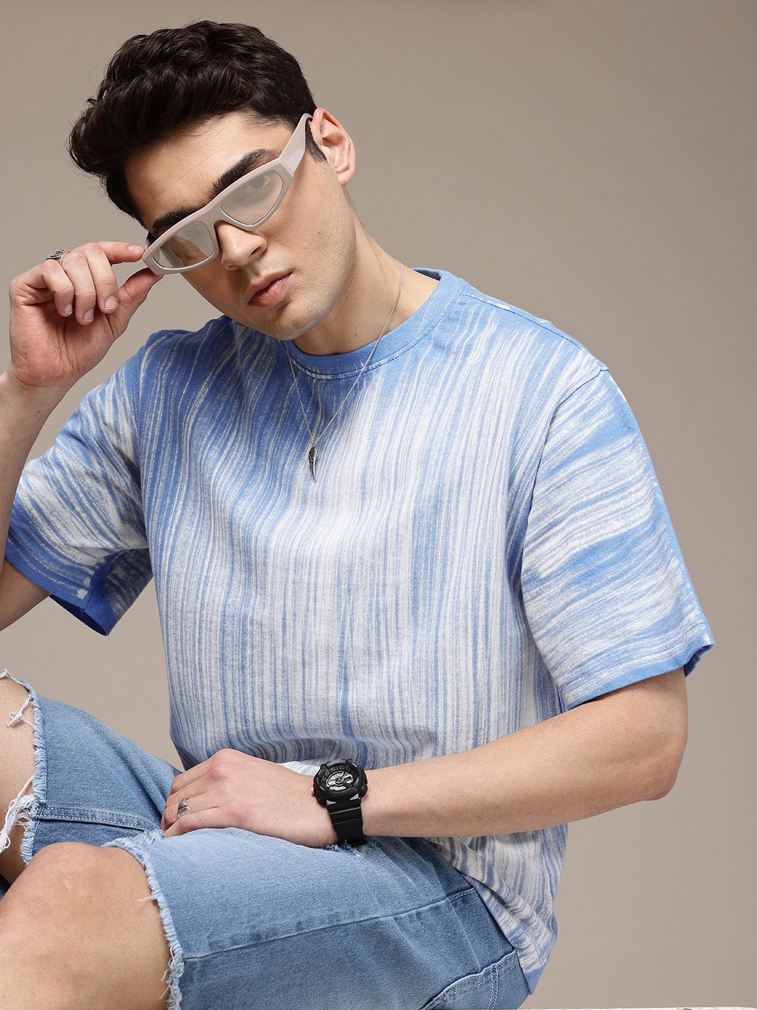 

R.Code by The Roadster Life Co. Men Tie and Dye Stripes Printed Relaxed Fit T-shirt, Blue