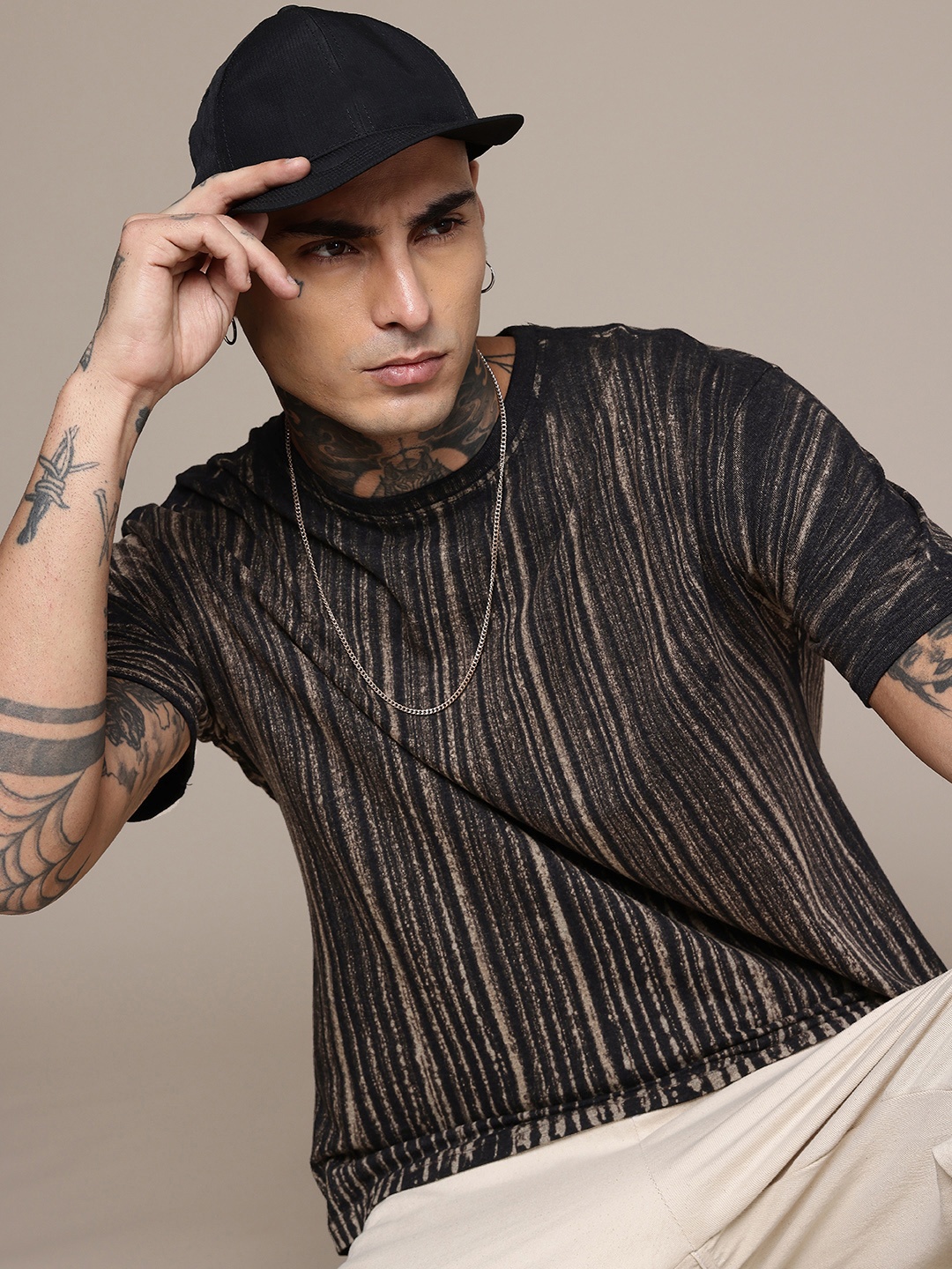 

R.Code by The Roadster Life Co. Men Striped Relaxed Fit T-shirt, Charcoal