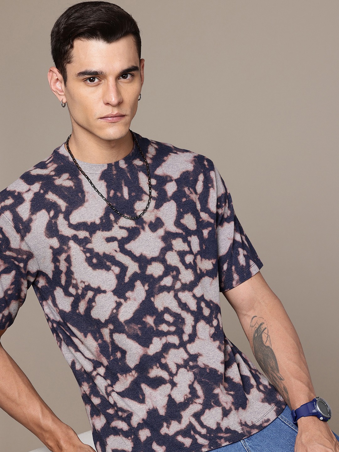 

R.Code by The Roadster Life Co. Men Tie & Dye Printed Relaxed Fit T-shirt, Navy blue