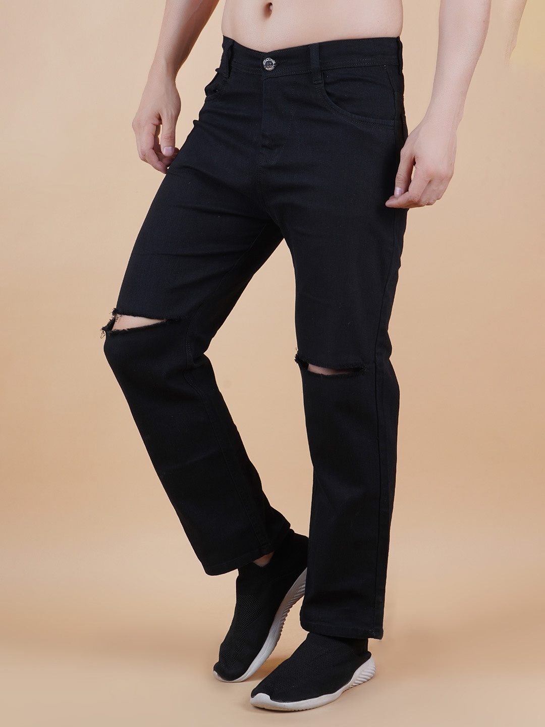 

LINARIA Men Classic Slim Fit Slash Knee Jeans, Black