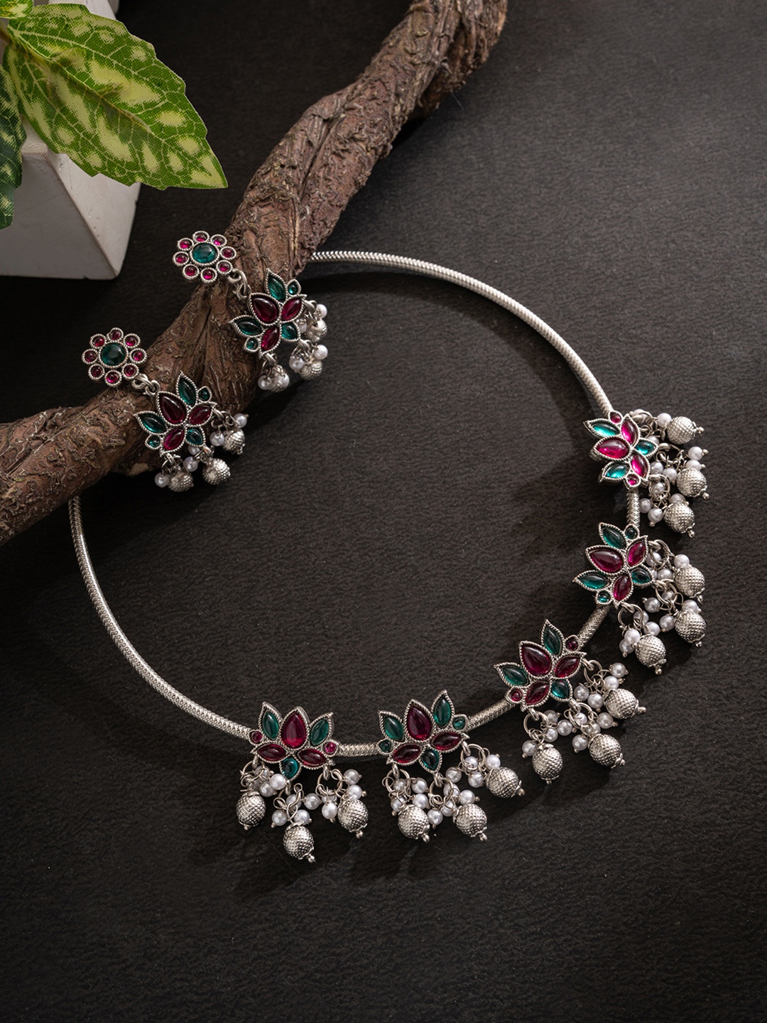

PANASH Silver-Plated Stones-Studded Jewellery Set