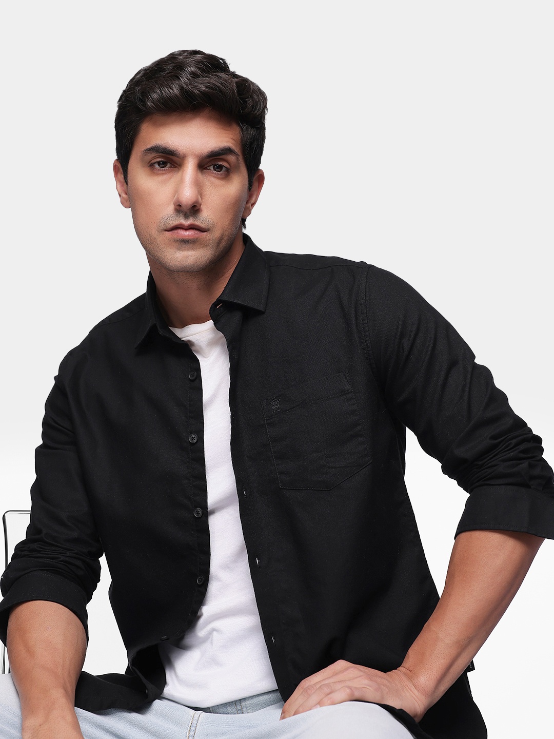 

French Connection Premium Solid Pure Cotton Slim Fit Casual Shirt, Black